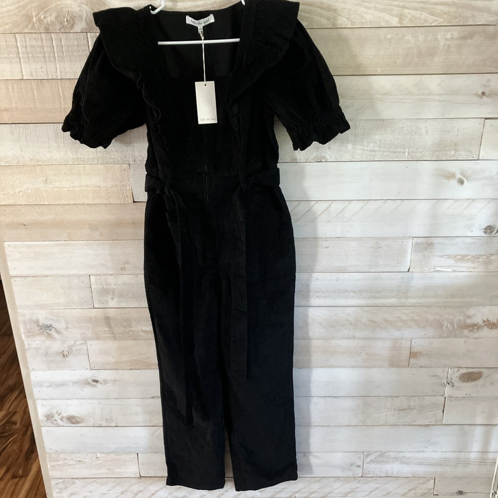 Sofie The Label Black Corduroy Belted Puff Sleeve Jumpsuit Pockets Sz S NWT
